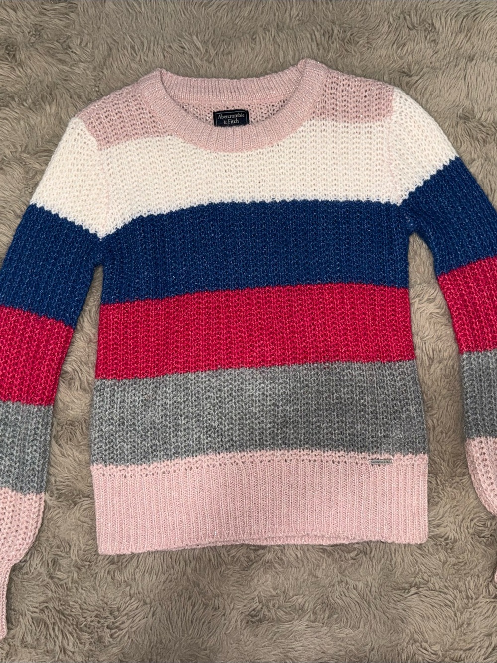 Abercrombie & Fitch Pink, Navy, Red & Gray Striped Crewneck Sweater